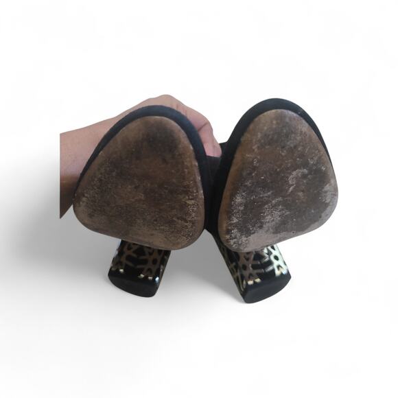 Via Spiga Black Suede Ankle Booties 8.5M Gold Metallic Block Heel Vero Cuoio - Picture 9 of 13